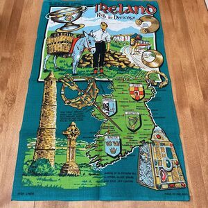 Vintage Decorative Pure Linen Tea Towel Map of Ireland & Heritage Coat of Arms